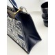 DIOR Medium Dior Book Tote White and Navy Blue Toile de Jouy Sauvage Embroidery with Navy Blue Calfskin