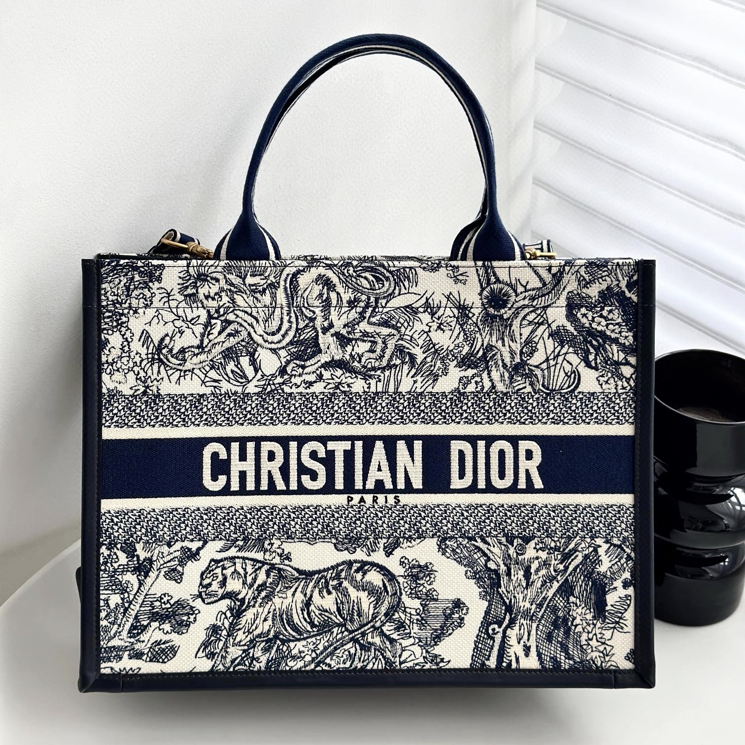 DIOR Medium Dior Book Tote White and Navy Blue Toile de Jouy Sauvage Embroidery with Navy Blue Calfskin