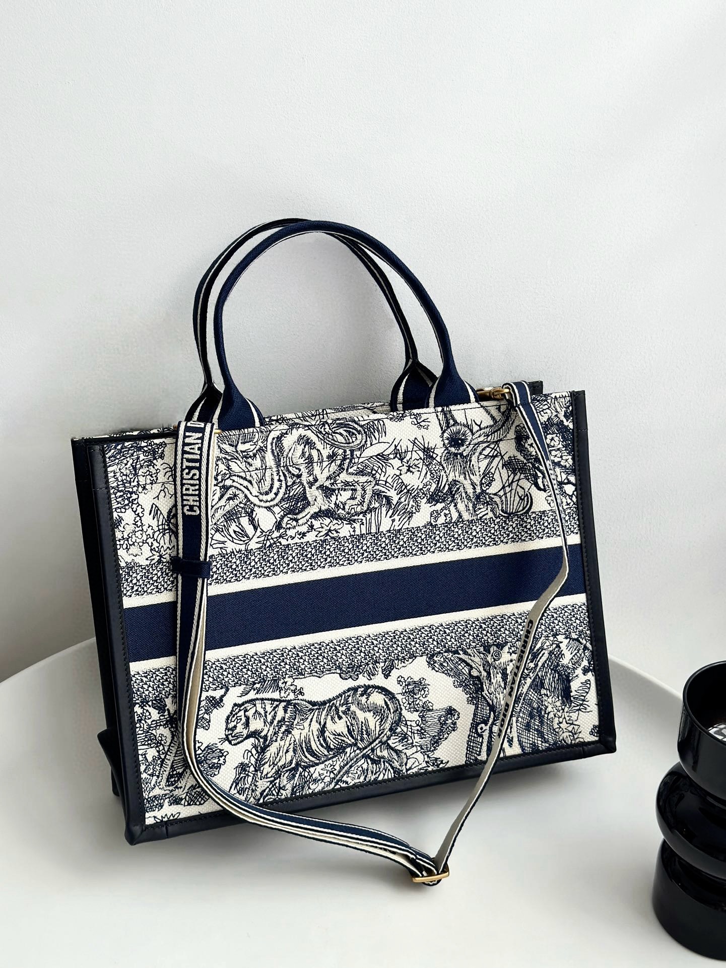 DIOR Medium Dior Book Tote White and Navy Blue Toile de Jouy Sauvage Embroidery with Navy Blue Calfskin