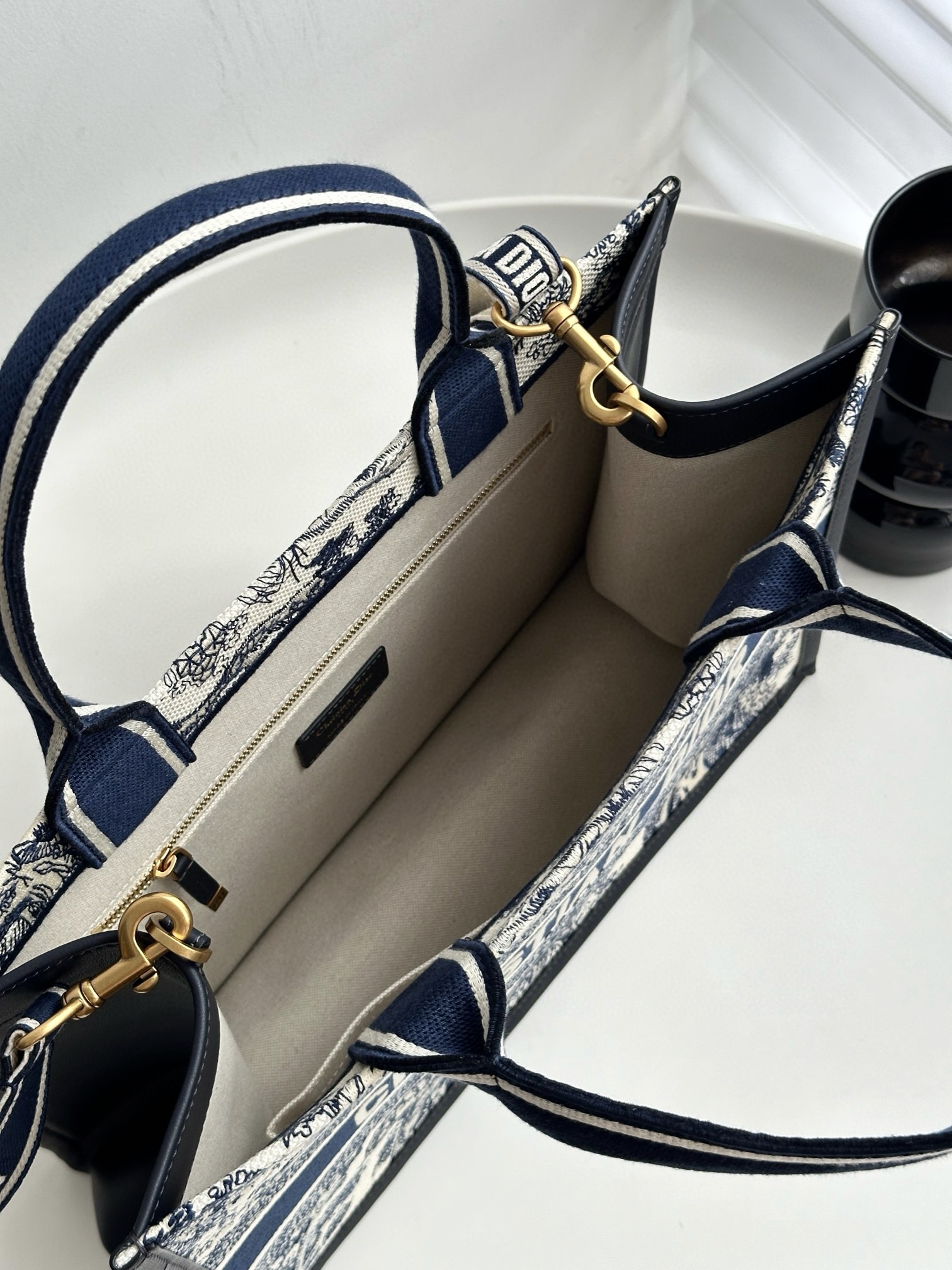 DIOR Medium Dior Book Tote White and Navy Blue Toile de Jouy Sauvage Embroidery with Navy Blue Calfskin