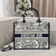 DIOR Medium Dior Book Tote White and Navy Blue Toile de Jouy Sauvage Embroidery with Navy Blue Calfskin