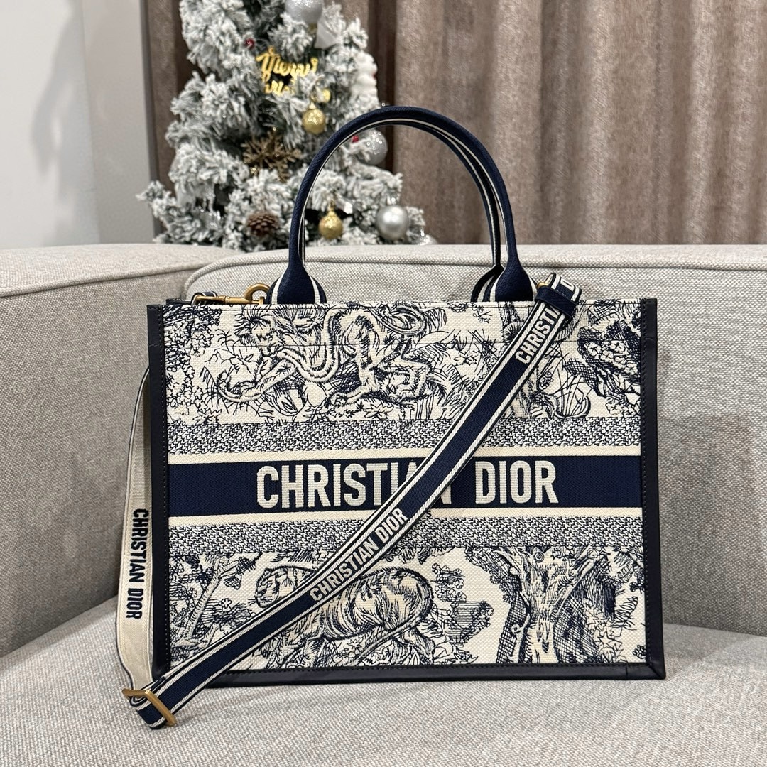 DIOR Medium Dior Book Tote White and Navy Blue Toile de Jouy Sauvage Embroidery with Navy Blue Calfskin