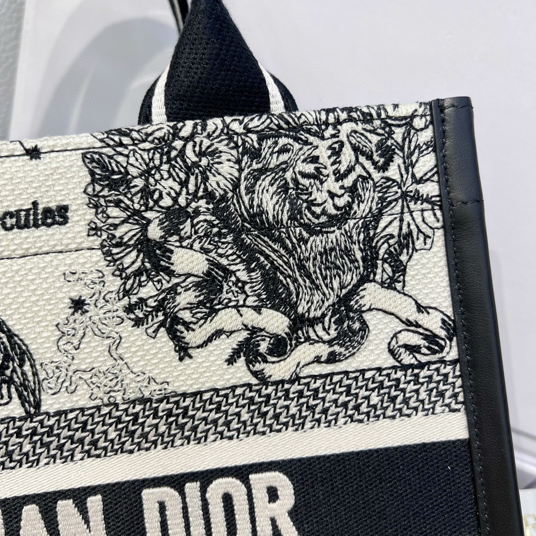 DIOR Small Dior Book Tote Latte and Black Dior Zodiac Embroidery with Black Calfskin