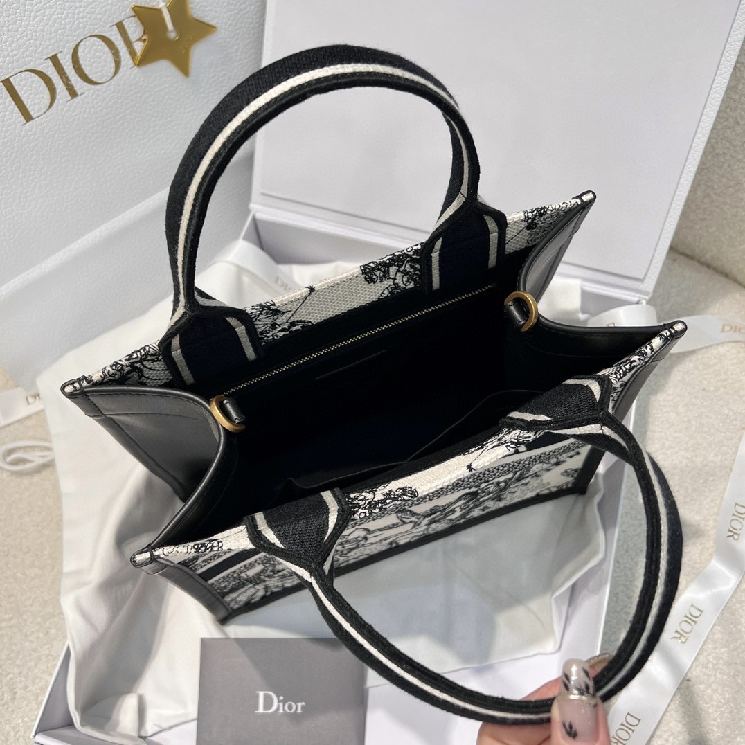 DIOR Small Dior Book Tote Latte and Black Dior Zodiac Embroidery with Black Calfskin