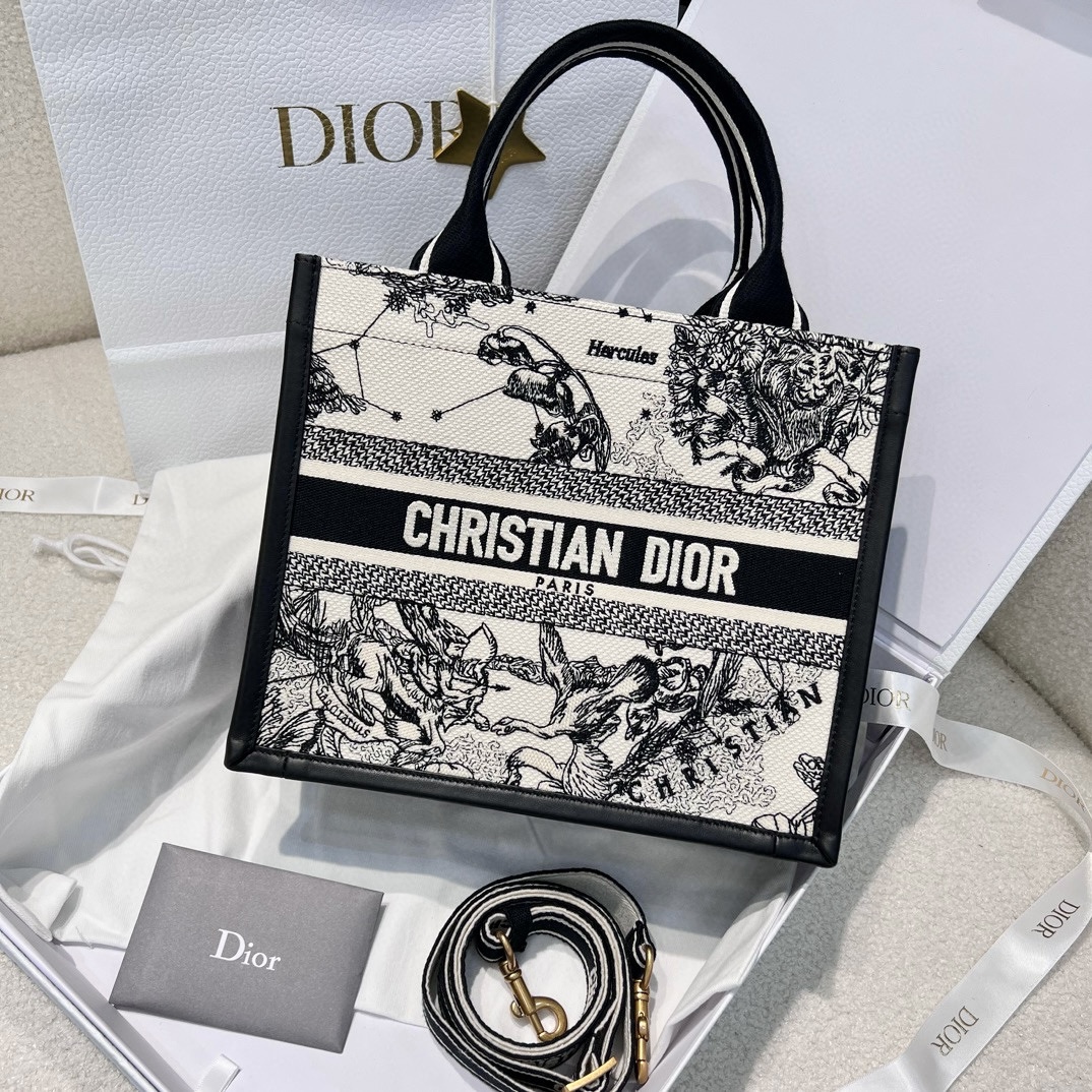 DIOR Small Dior Book Tote Latte and Black Dior Zodiac Embroidery with Black Calfskin