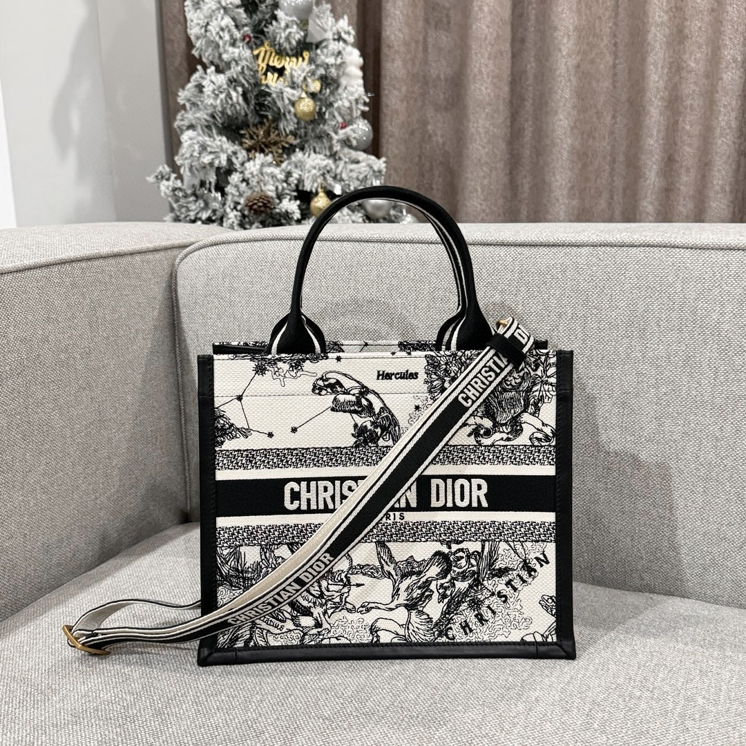 DIOR Small Dior Book Tote Latte and Black Dior Zodiac Embroidery with Black Calfskin