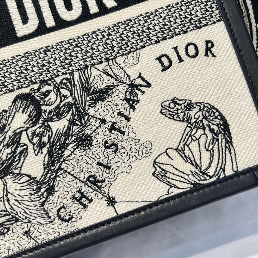 DIOR Medium Dior Book Tote Latte and Black Dior Zodiac Embroidery with Black Calfskin