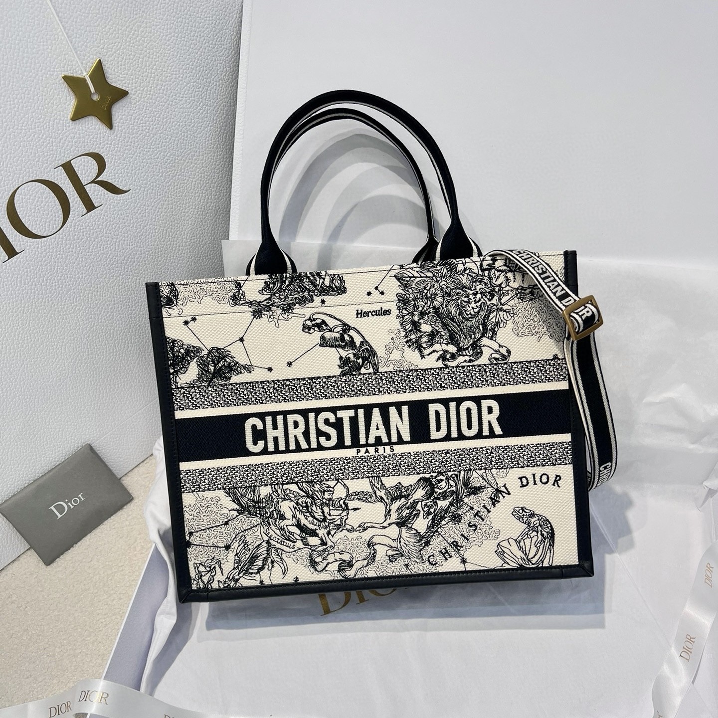 DIOR Medium Dior Book Tote Latte and Black Dior Zodiac Embroidery with Black Calfskin