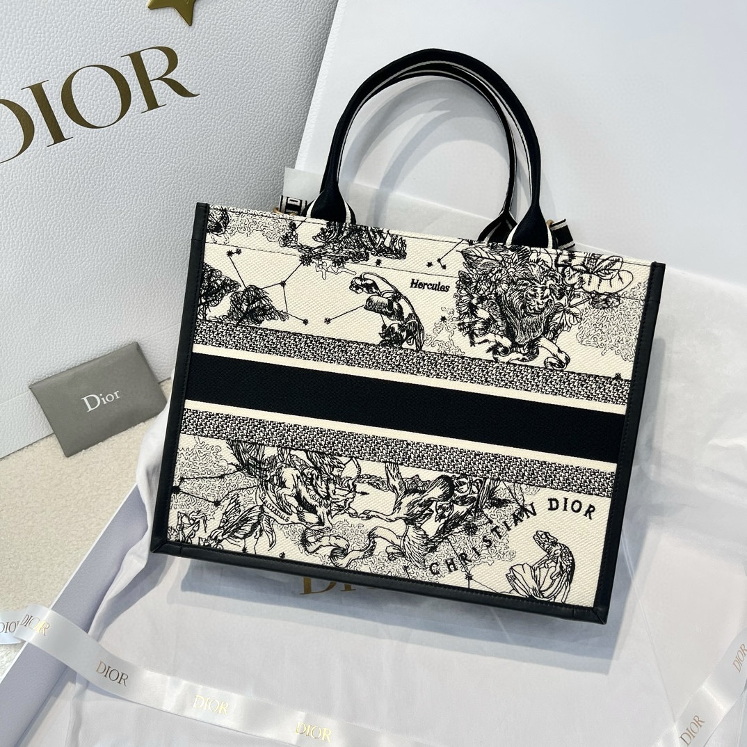 DIOR Medium Dior Book Tote Latte and Black Dior Zodiac Embroidery with Black Calfskin