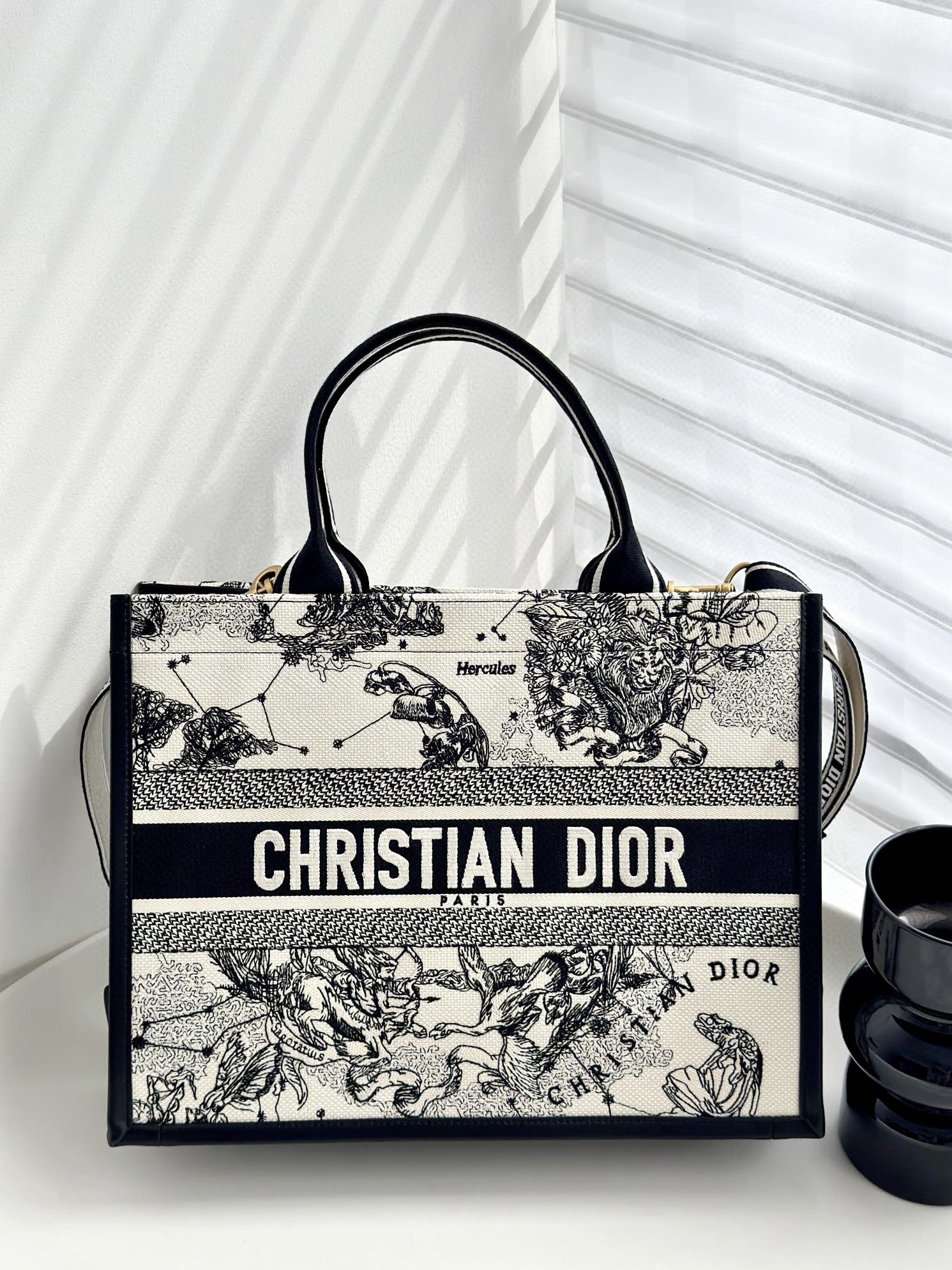 DIOR Medium Dior Book Tote Latte and Black Dior Zodiac Embroidery with Black Calfskin