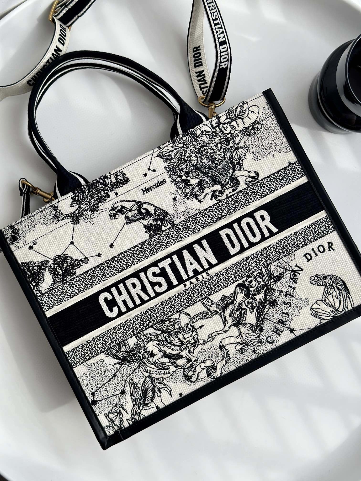 DIOR Medium Dior Book Tote Latte and Black Dior Zodiac Embroidery with Black Calfskin