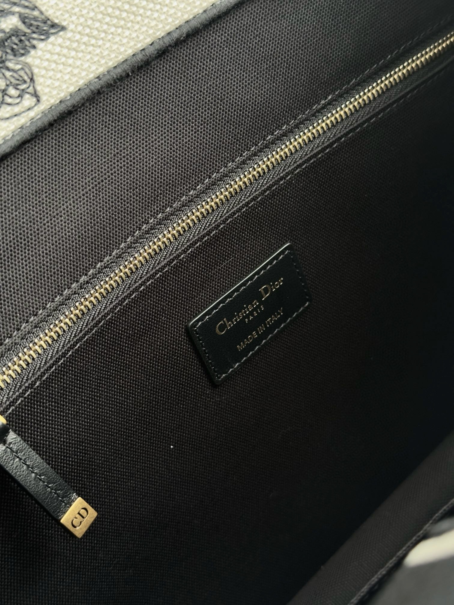 DIOR Medium Dior Book Tote Latte and Black Dior Zodiac Embroidery with Black Calfskin