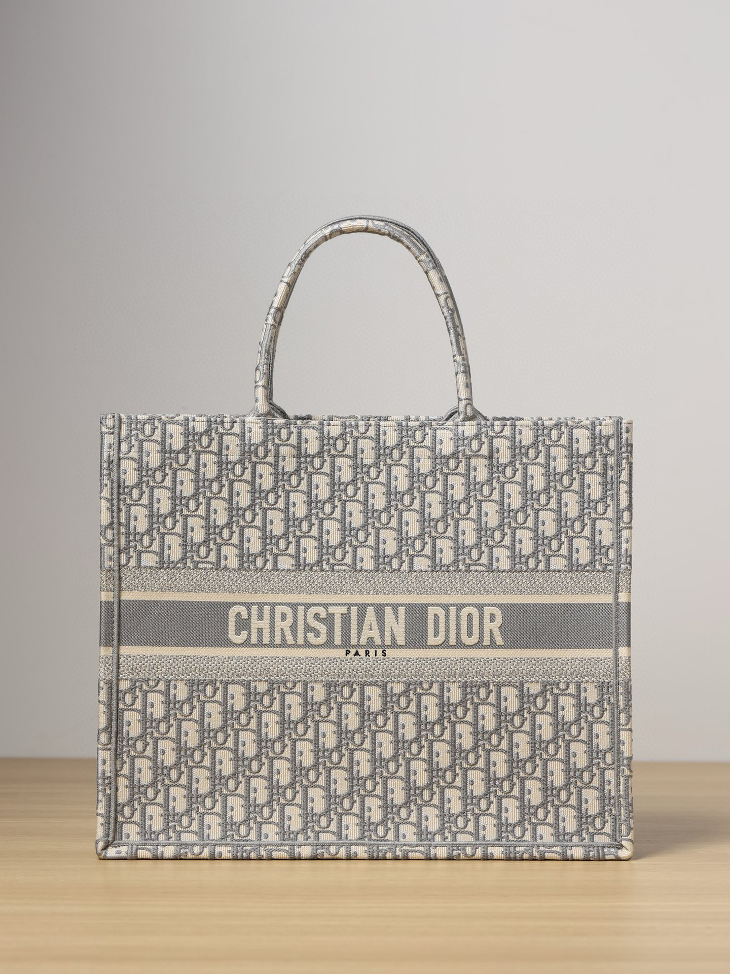 DIOR Large Dior Book Tote Ecru and Gray Dior Oblique Embroidery