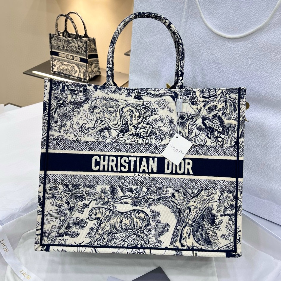 DIOR Large Dior Book Tote Ecru and Blue Toile de Jouy Embroidery