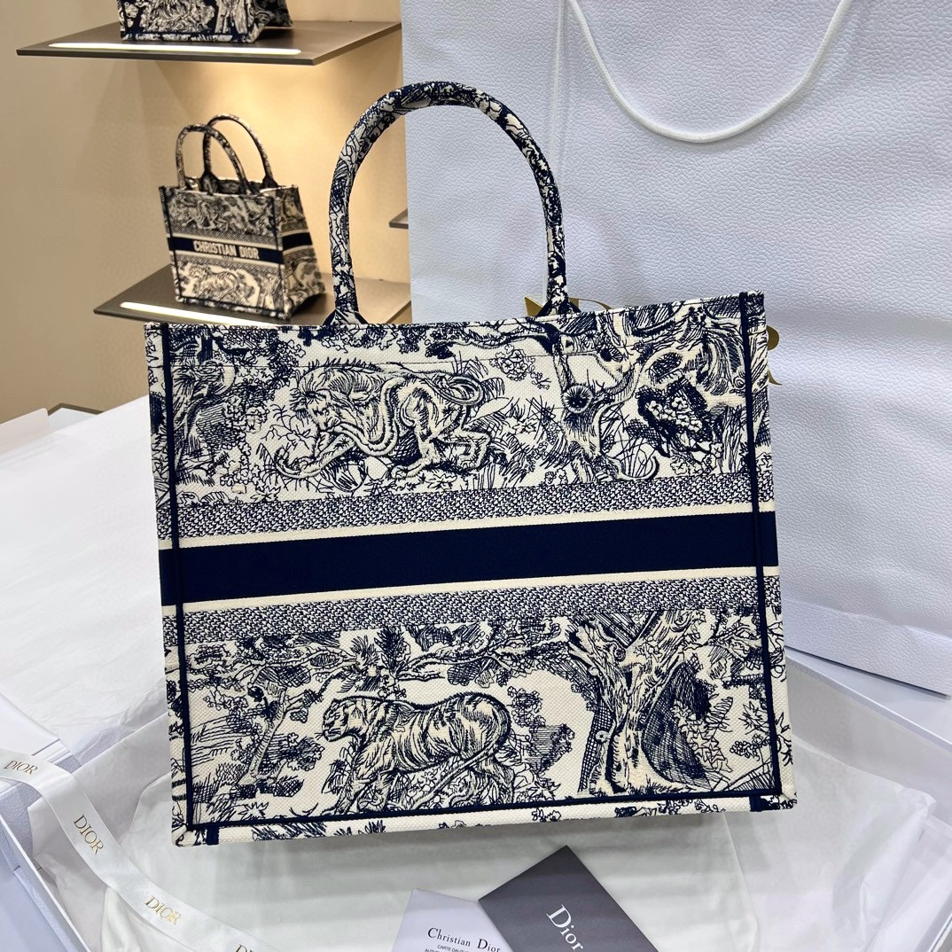 DIOR Large Dior Book Tote Ecru and Blue Toile de Jouy Embroidery