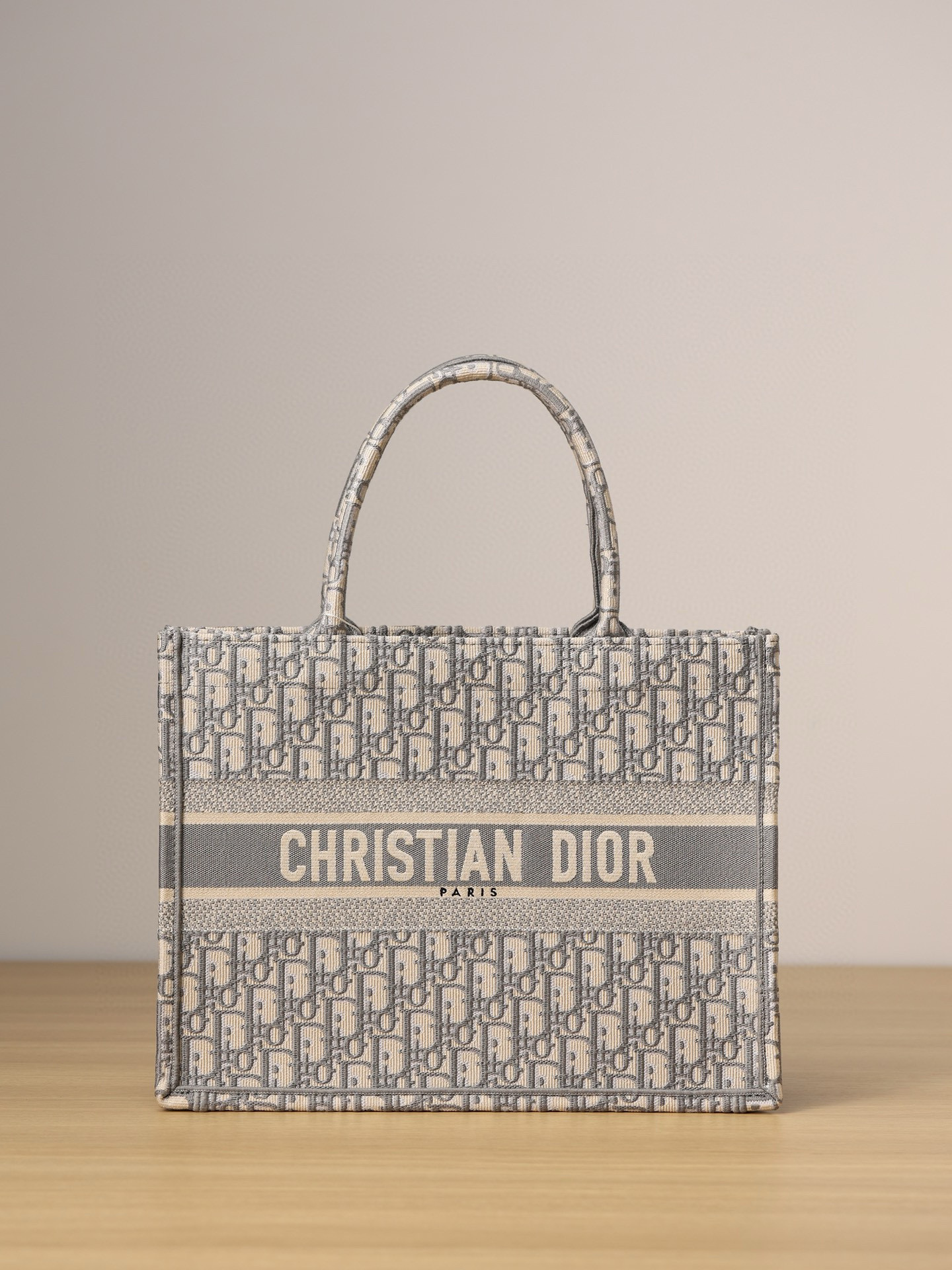 DIOR Medium Dior Book Tote Ecru and Gray Dior Oblique Embroidery