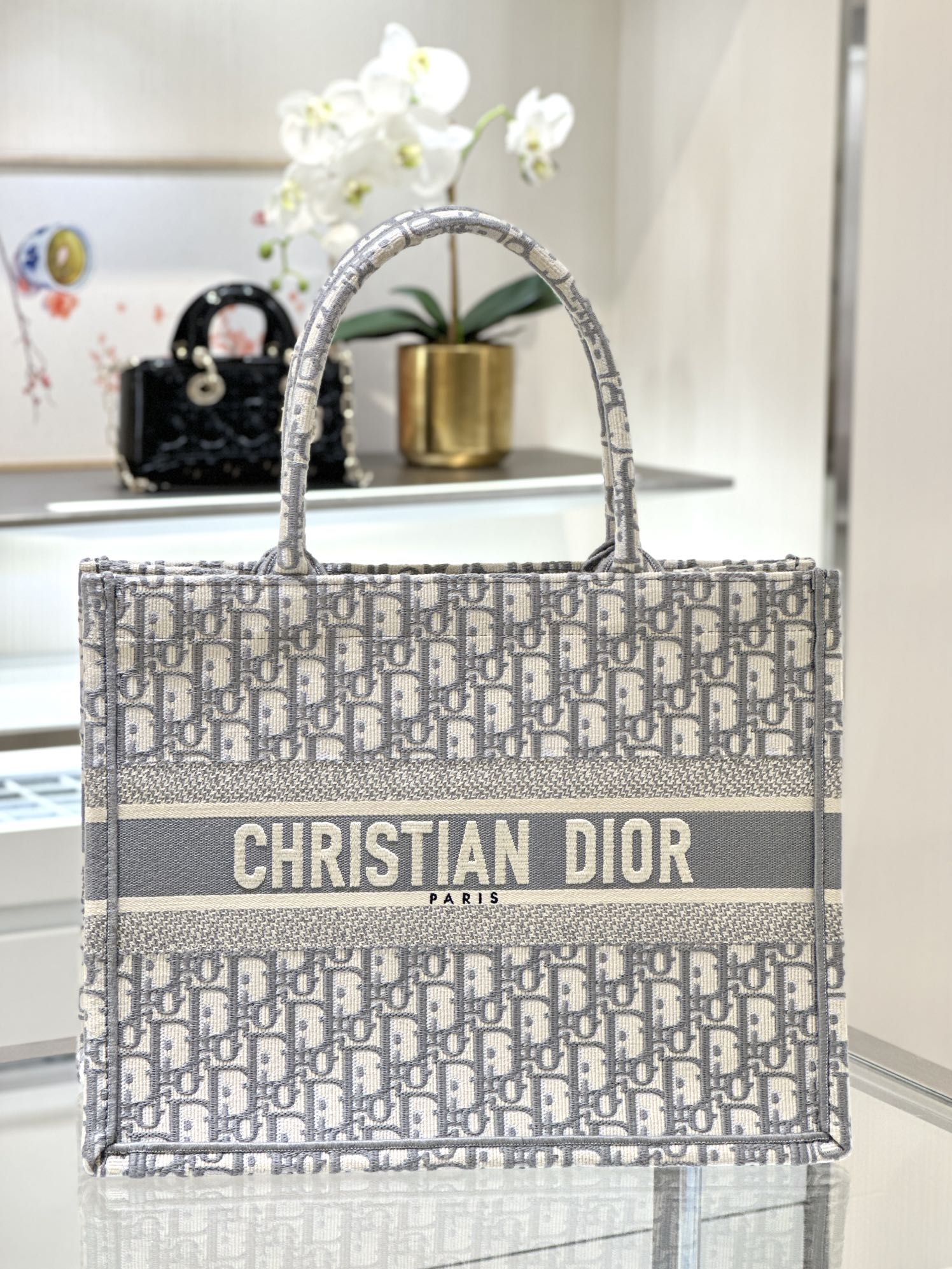 DIOR Medium Dior Book Tote Ecru and Gray Dior Oblique Embroidery