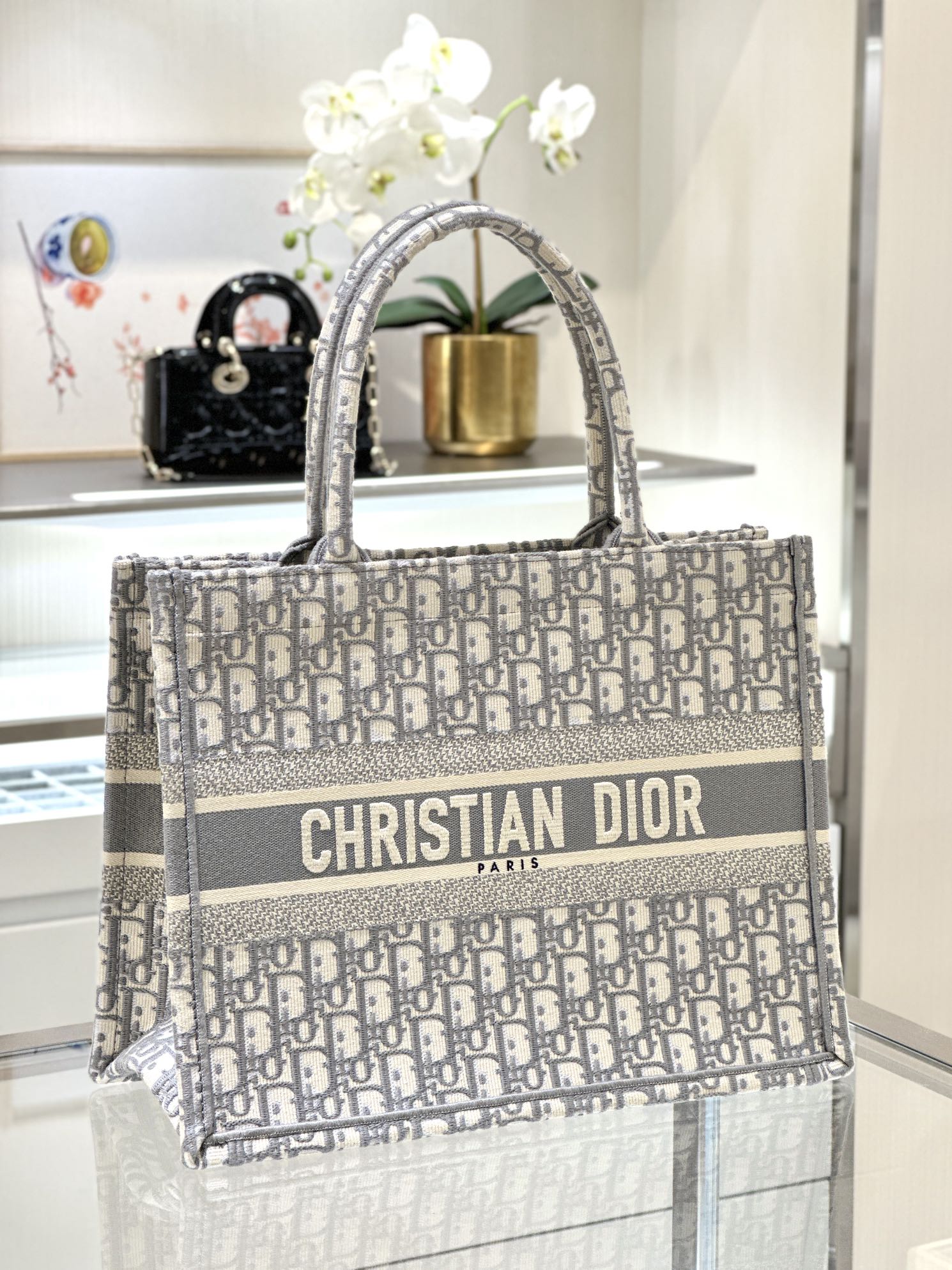 DIOR Medium Dior Book Tote Ecru and Gray Dior Oblique Embroidery