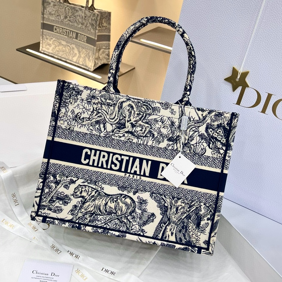 DIOR Medium Dior Book Tote Ecru and Blue Toile de Jouy Embroidery