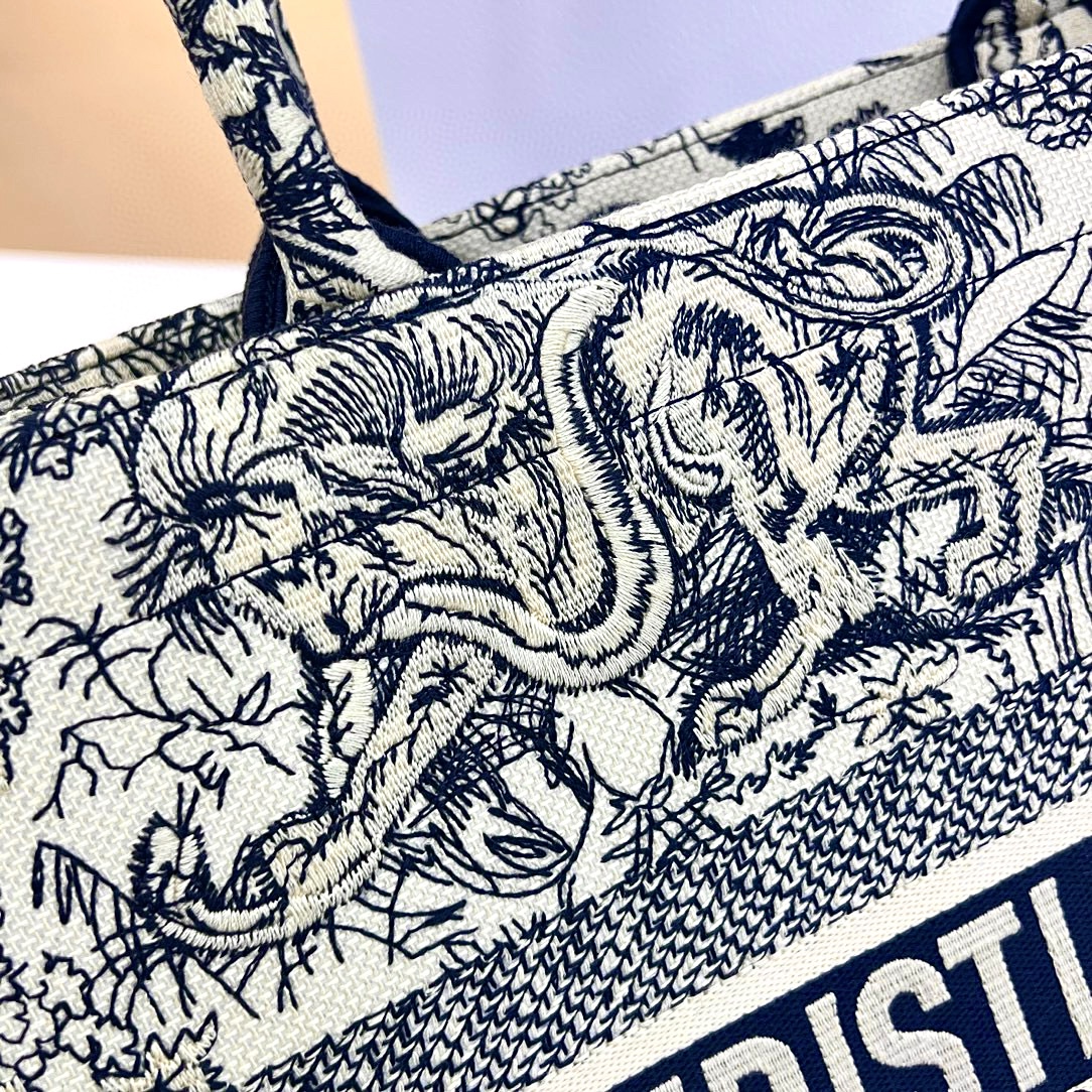 DIOR Medium Dior Book Tote Ecru and Blue Toile de Jouy Embroidery