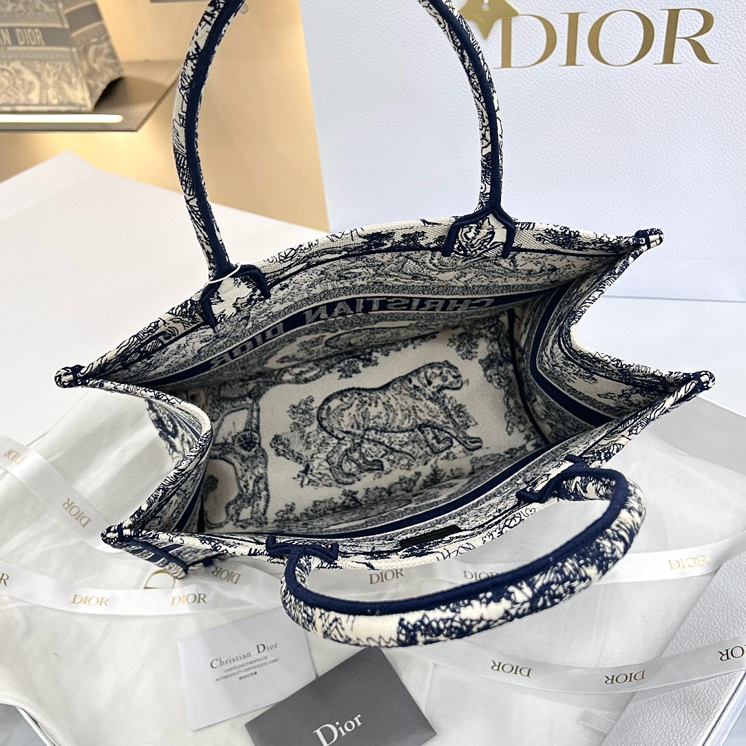 DIOR Medium Dior Book Tote Ecru and Blue Toile de Jouy Embroidery