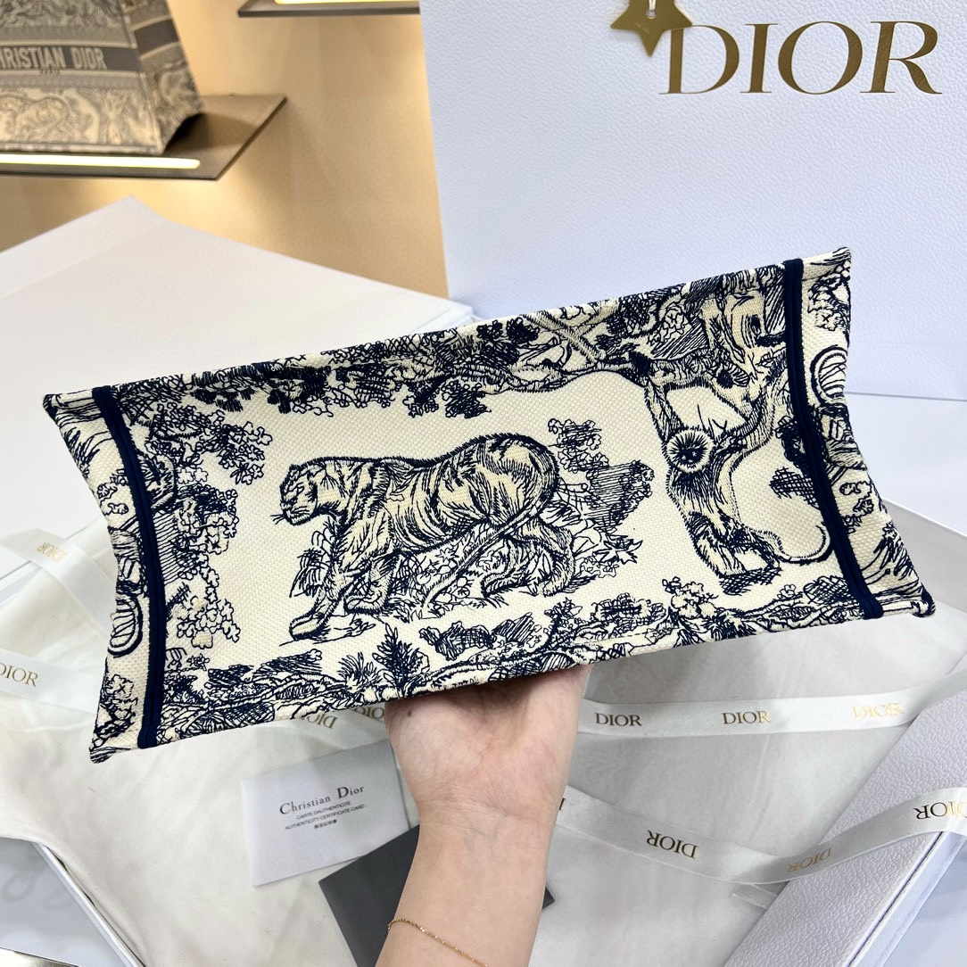 DIOR Medium Dior Book Tote Ecru and Blue Toile de Jouy Embroidery