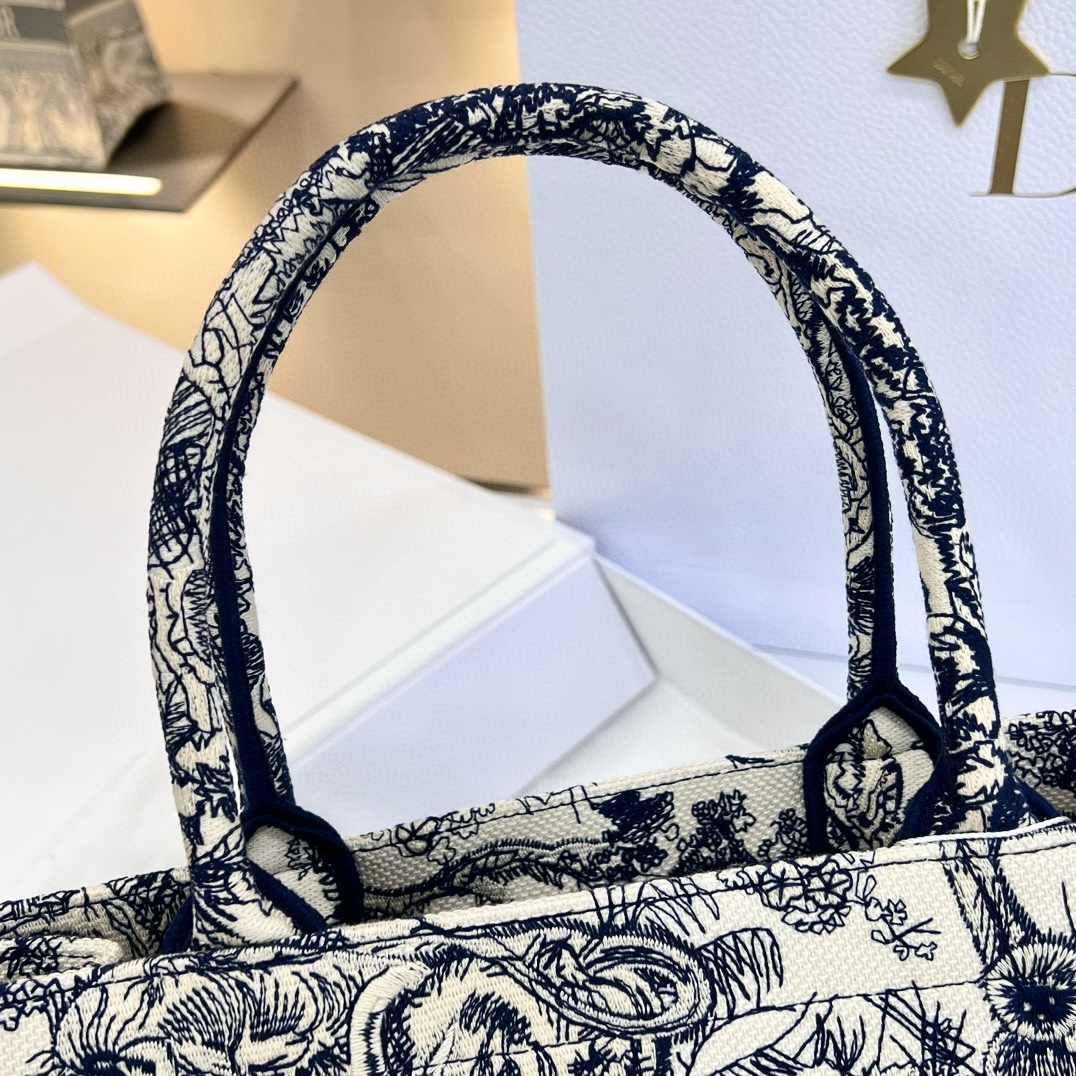 DIOR Medium Dior Book Tote Ecru and Blue Toile de Jouy Embroidery