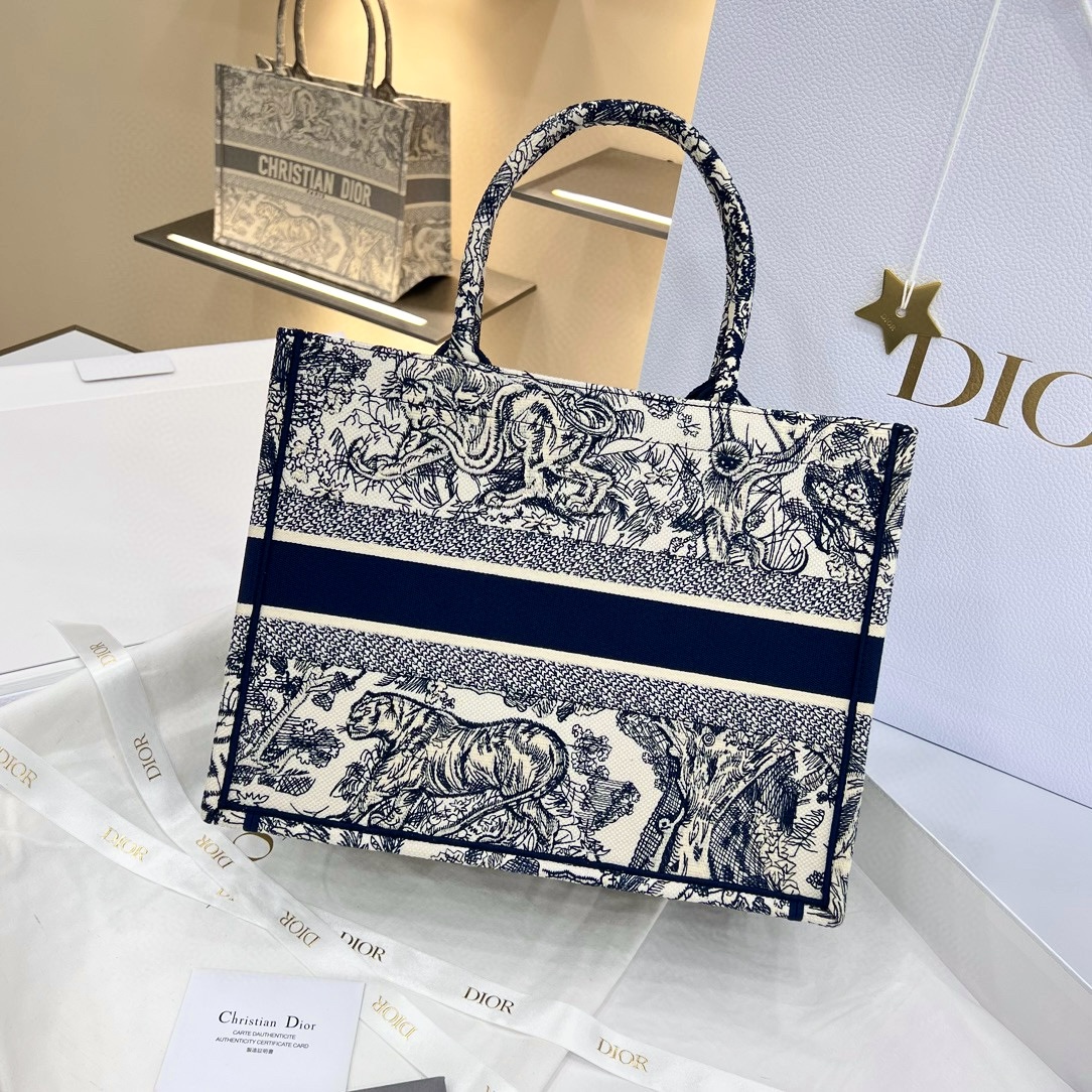 DIOR Medium Dior Book Tote Ecru and Blue Toile de Jouy Embroidery