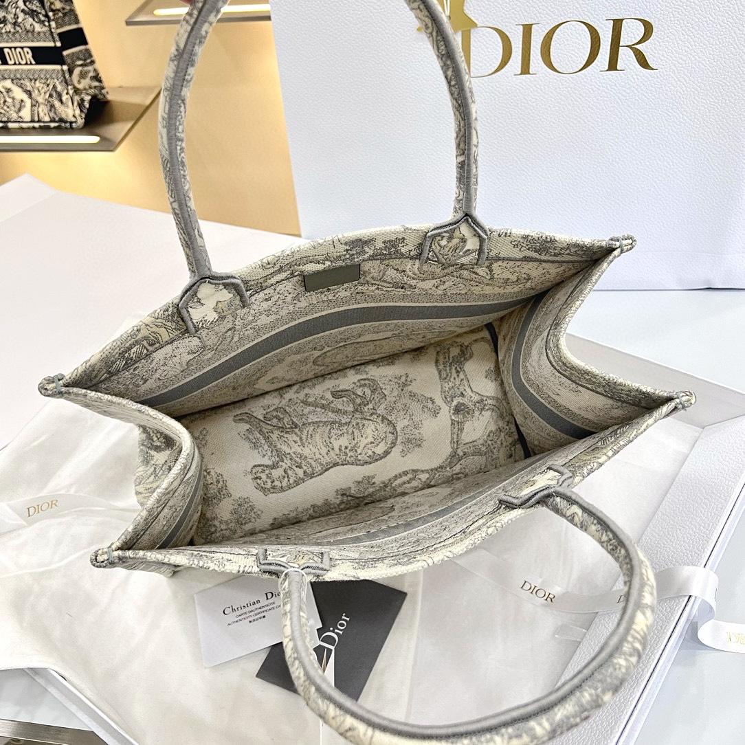 DIOR Medium Dior Book Tote Ecru and Gray Toile de Jouy Embroidery