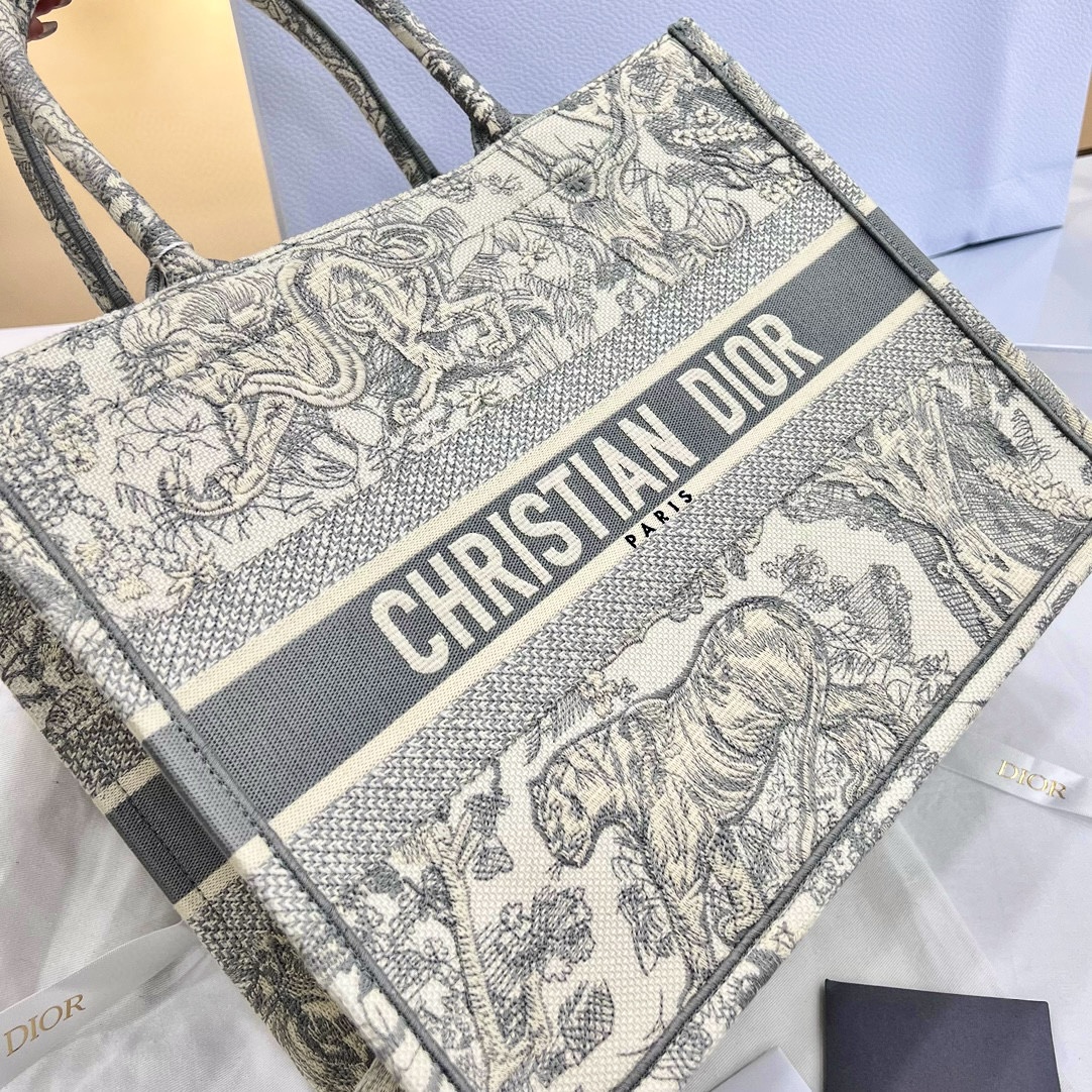 DIOR Medium Dior Book Tote Ecru and Gray Toile de Jouy Embroidery