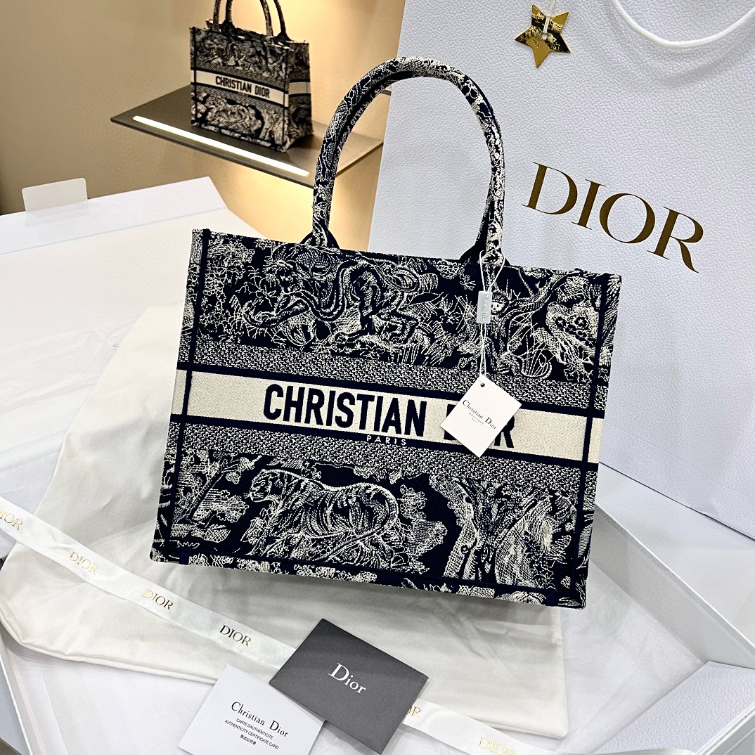 DIOR Medium Dior Book Tote Blue and Ecru Toile de Jouy Reverse Embroidery