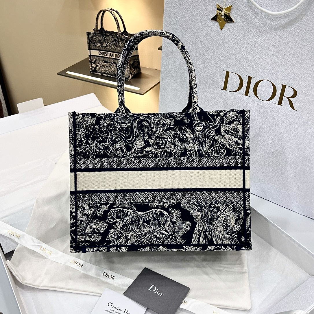 DIOR Medium Dior Book Tote Blue and Ecru Toile de Jouy Reverse Embroidery