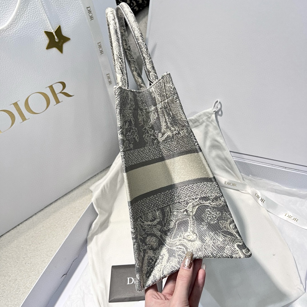 DIOR Medium Dior Book Tote Gray and Ecru Toile de Jouy Reverse Embroidery