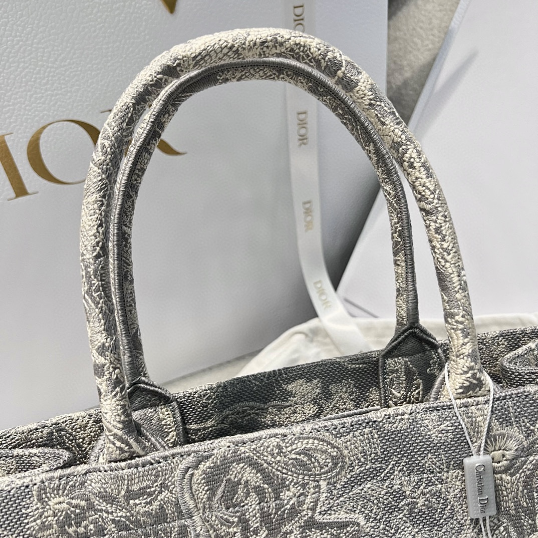 DIOR Medium Dior Book Tote Gray and Ecru Toile de Jouy Reverse Embroidery