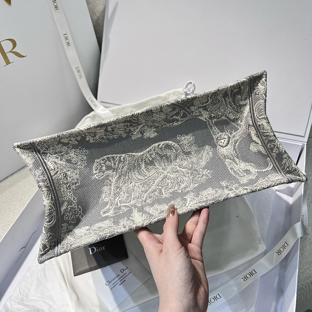 DIOR Medium Dior Book Tote Gray and Ecru Toile de Jouy Reverse Embroidery