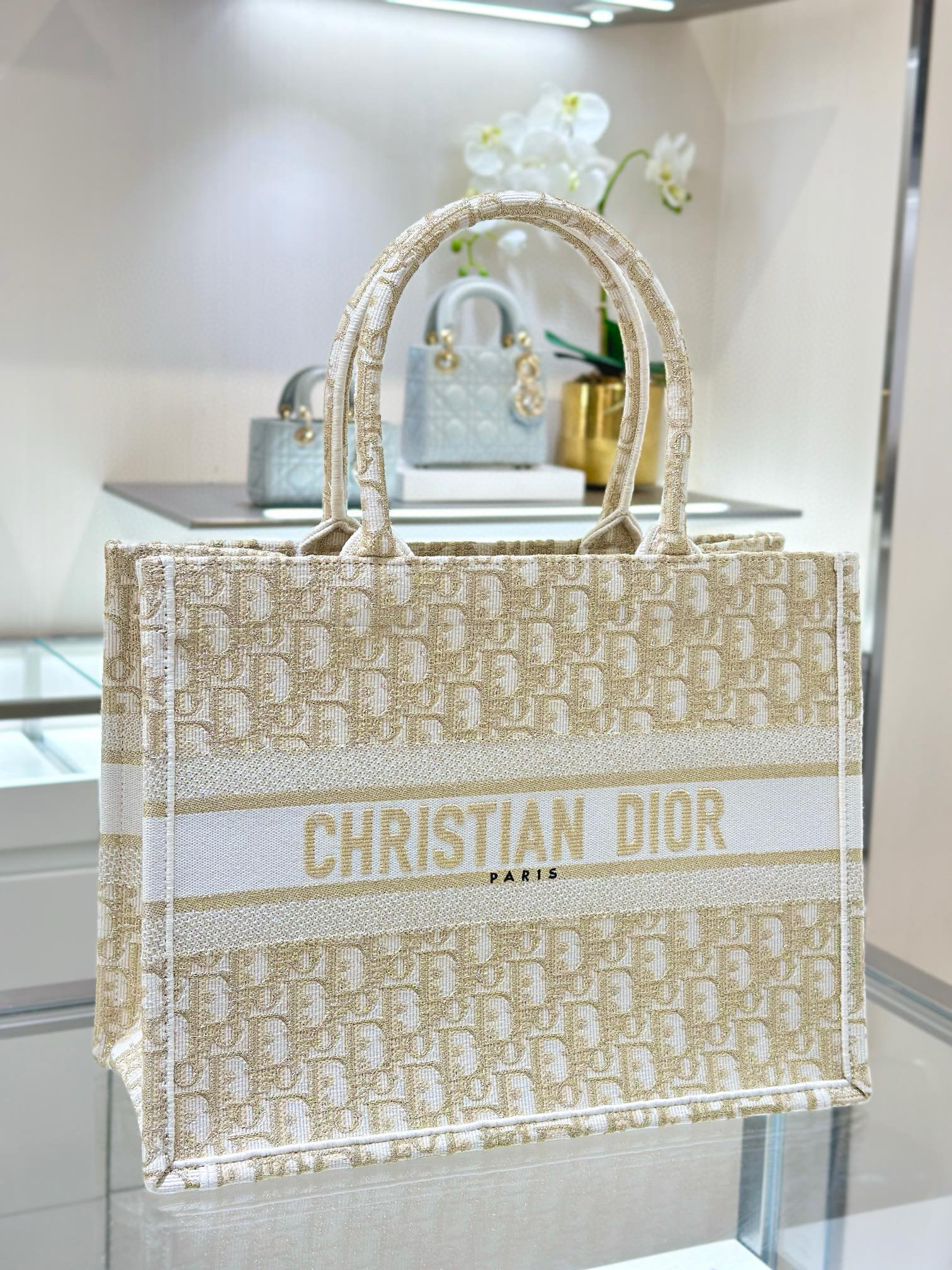 DIOR Medium Dior Book Tote White and Gold-Tone Dior Oblique Embroidery