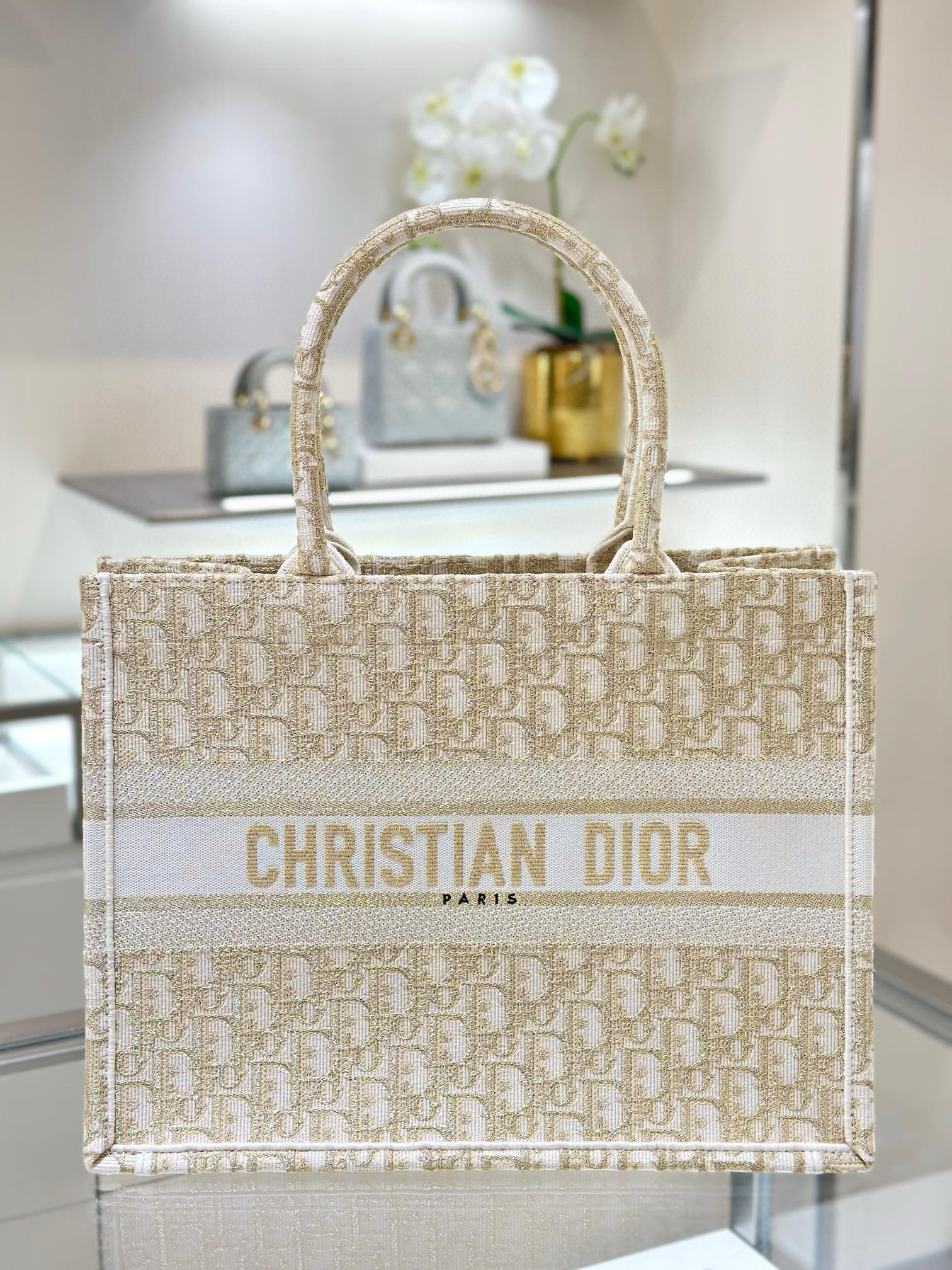 DIOR Medium Dior Book Tote White and Gold-Tone Dior Oblique Embroidery