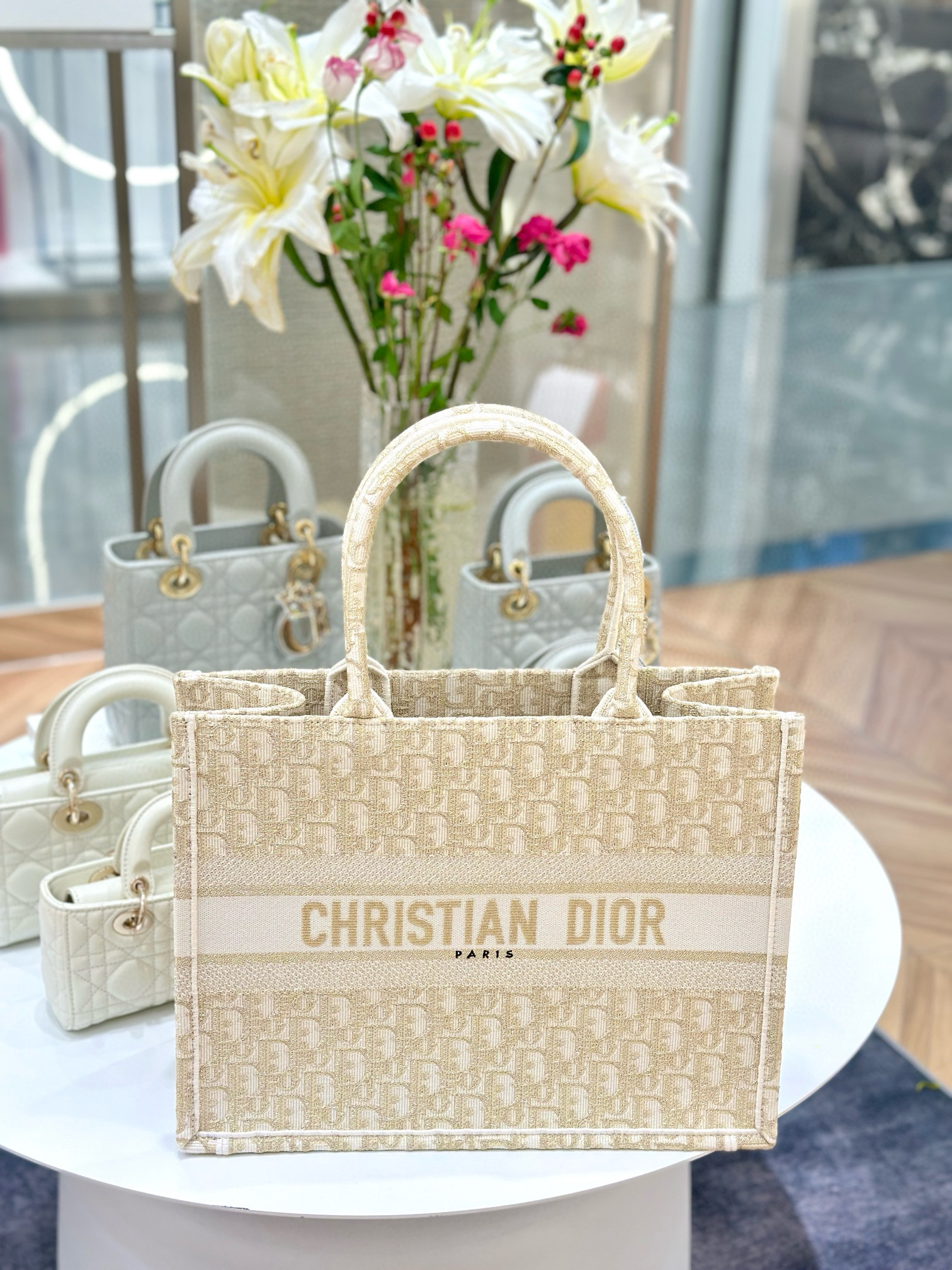 DIOR Medium Dior Book Tote White and Gold-Tone Dior Oblique Embroidery