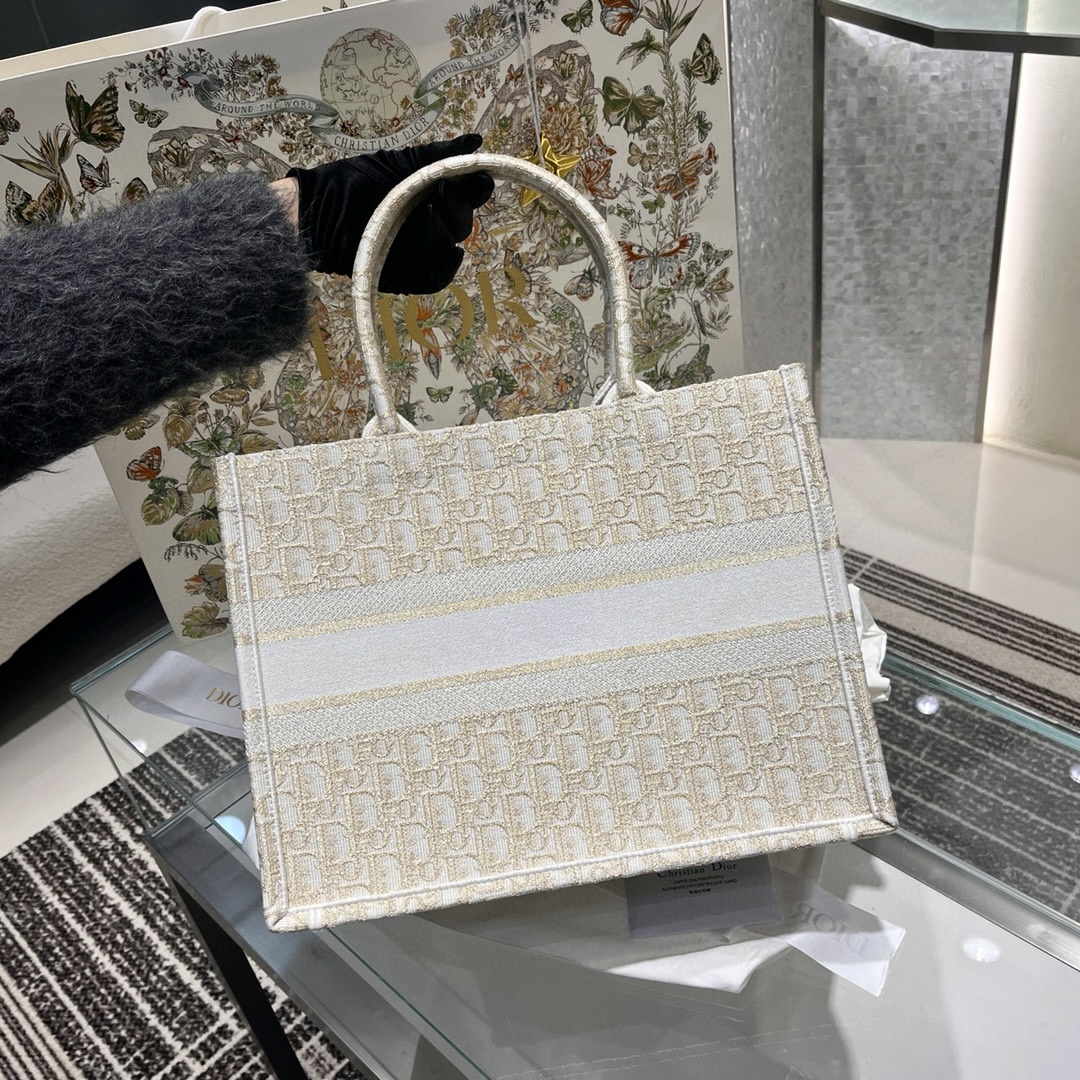 DIOR Medium Dior Book Tote White and Gold-Tone Dior Oblique Embroidery