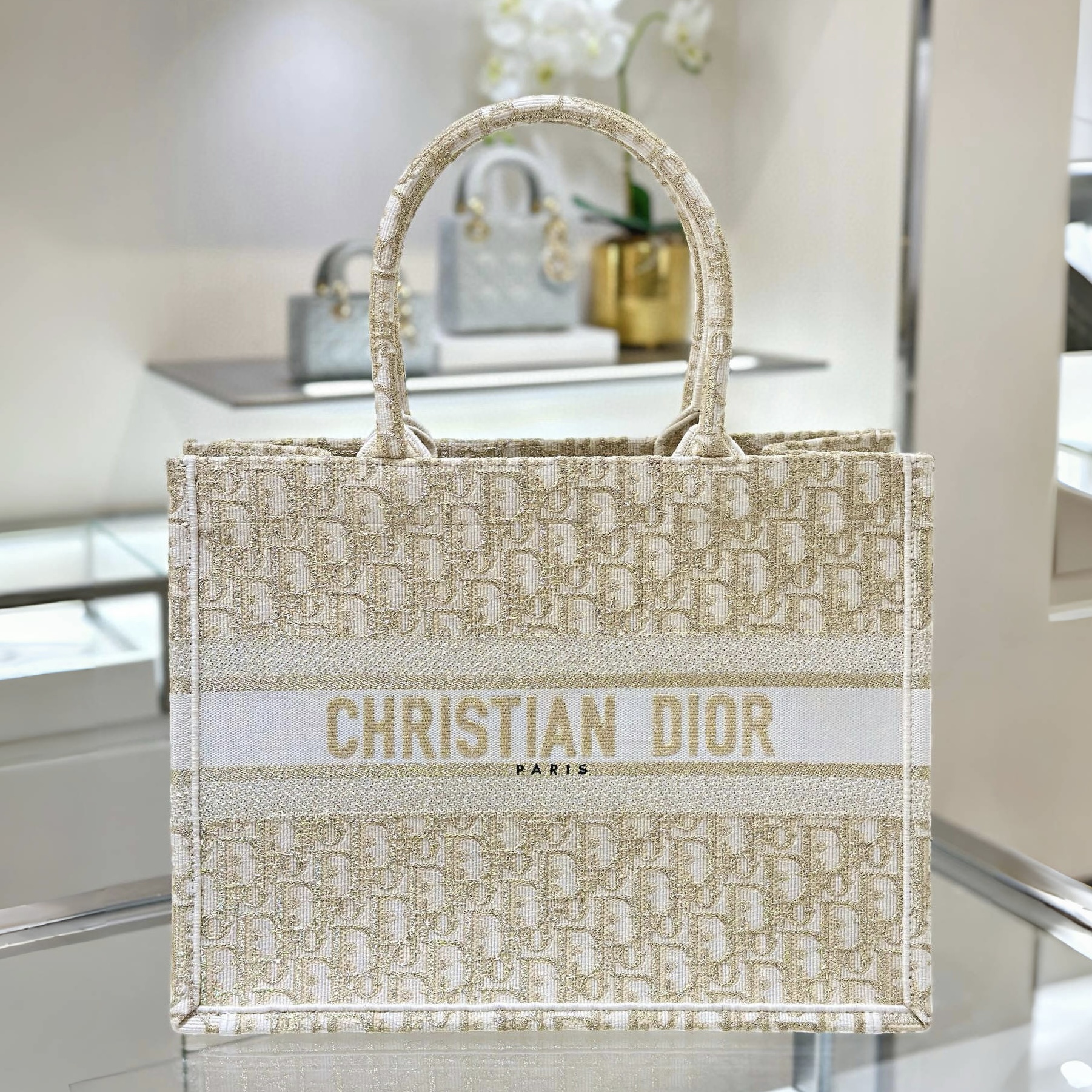 DIOR Medium Dior Book Tote White and Gold-Tone Dior Oblique Embroidery