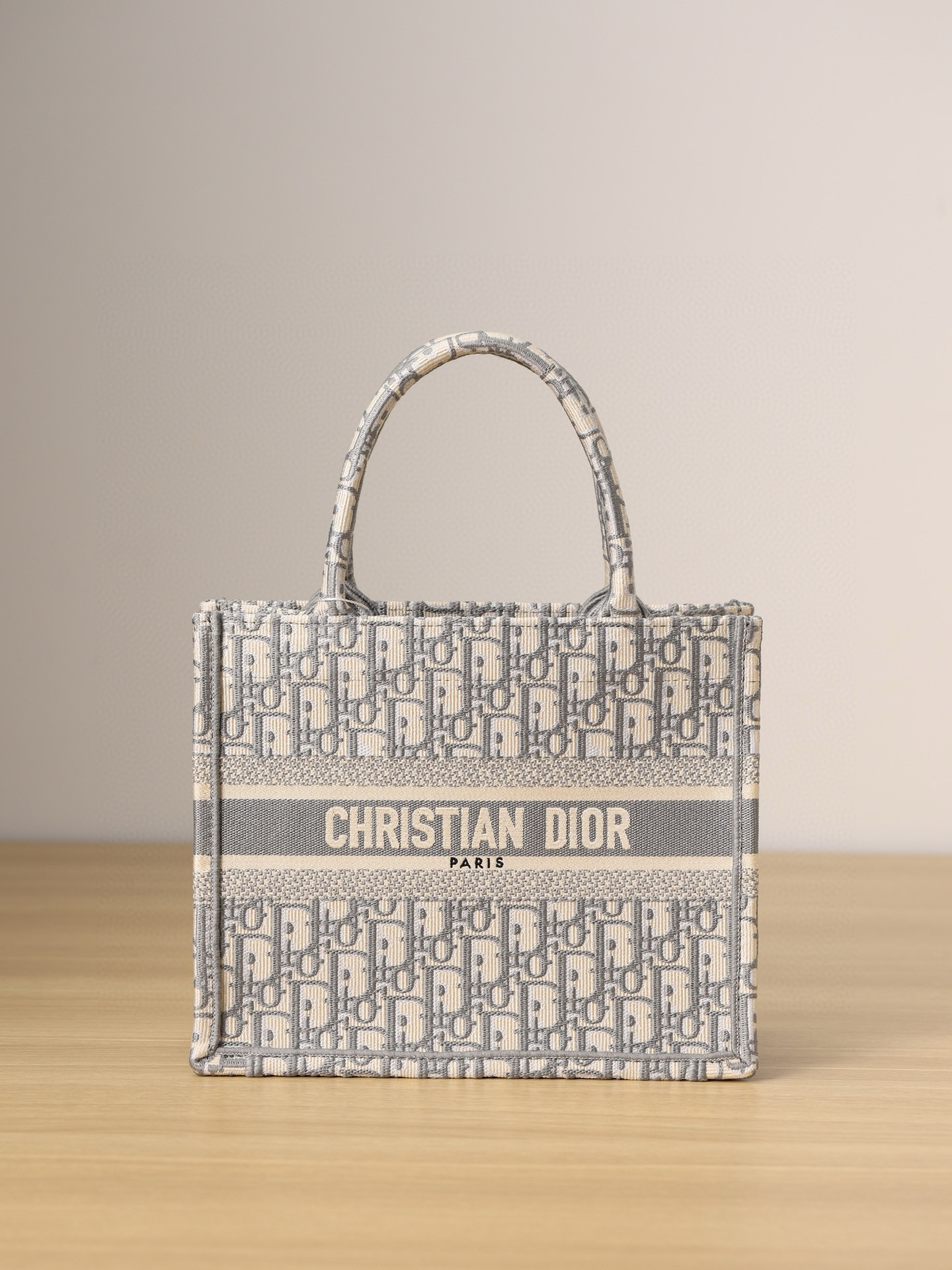 DIOR Small Dior Book Tote Ecru and Gray Dior Oblique Embroidery