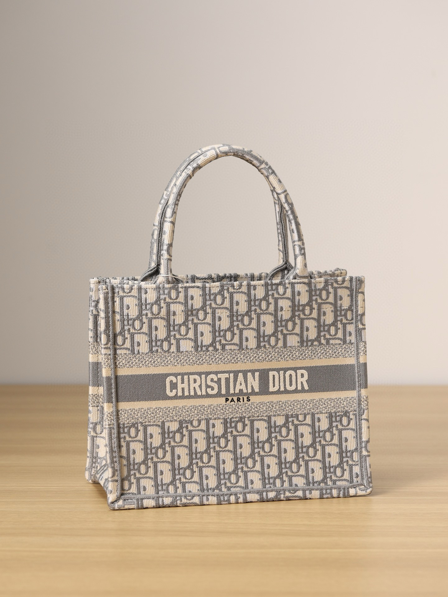 DIOR Small Dior Book Tote Ecru and Gray Dior Oblique Embroidery