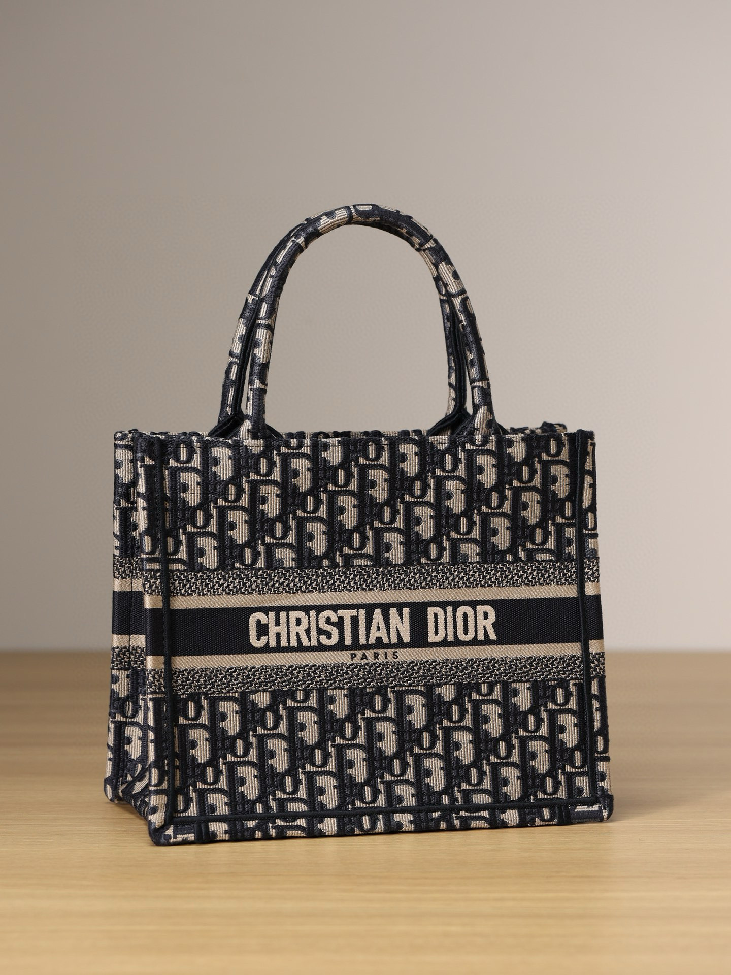 DIOR Small Dior Book Tote Ecru and Blue Dior Oblique Embroidery