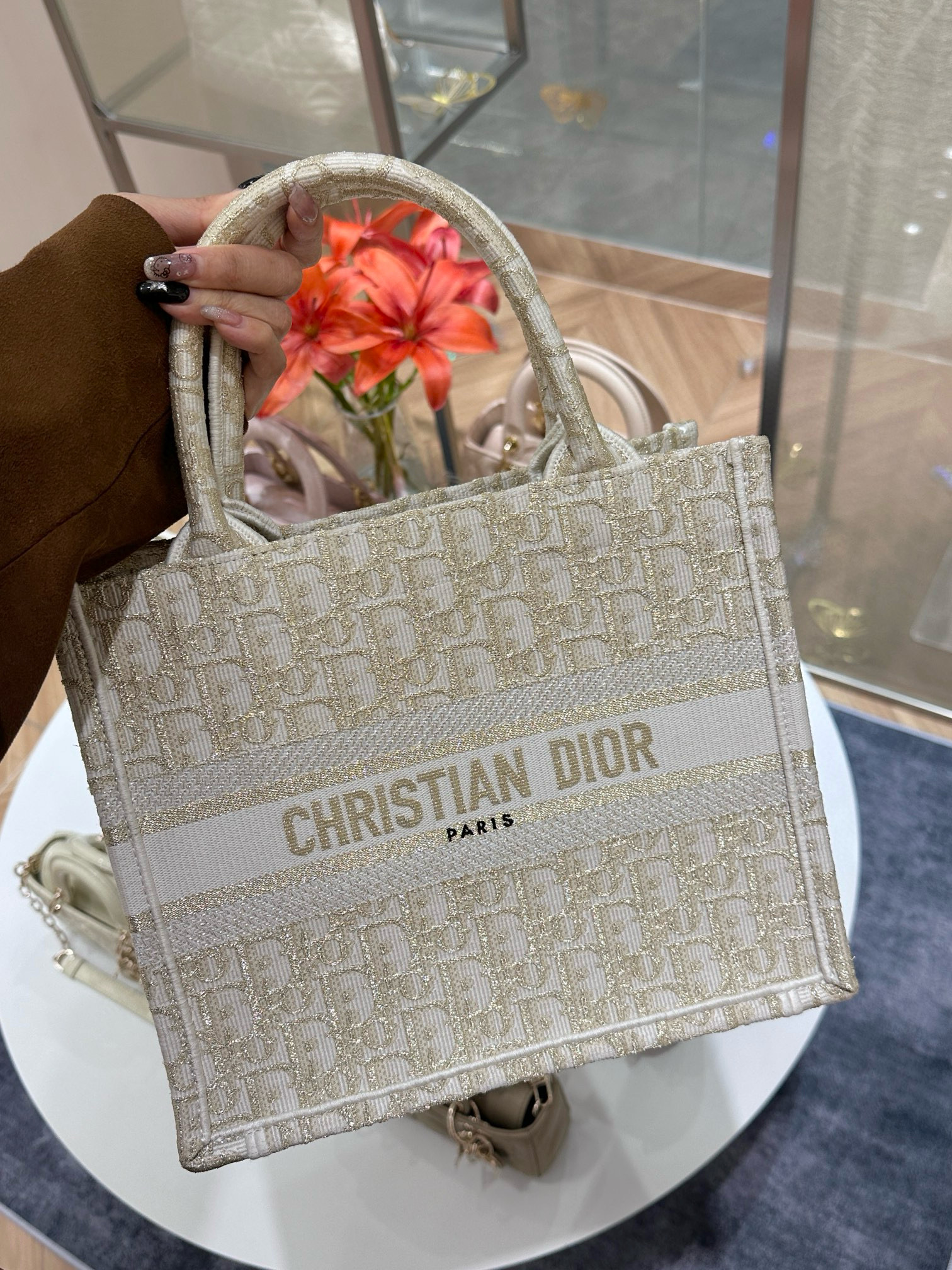 DIOR Small Dior Book Tote White and Gold-Tone Dior Oblique Embroidery