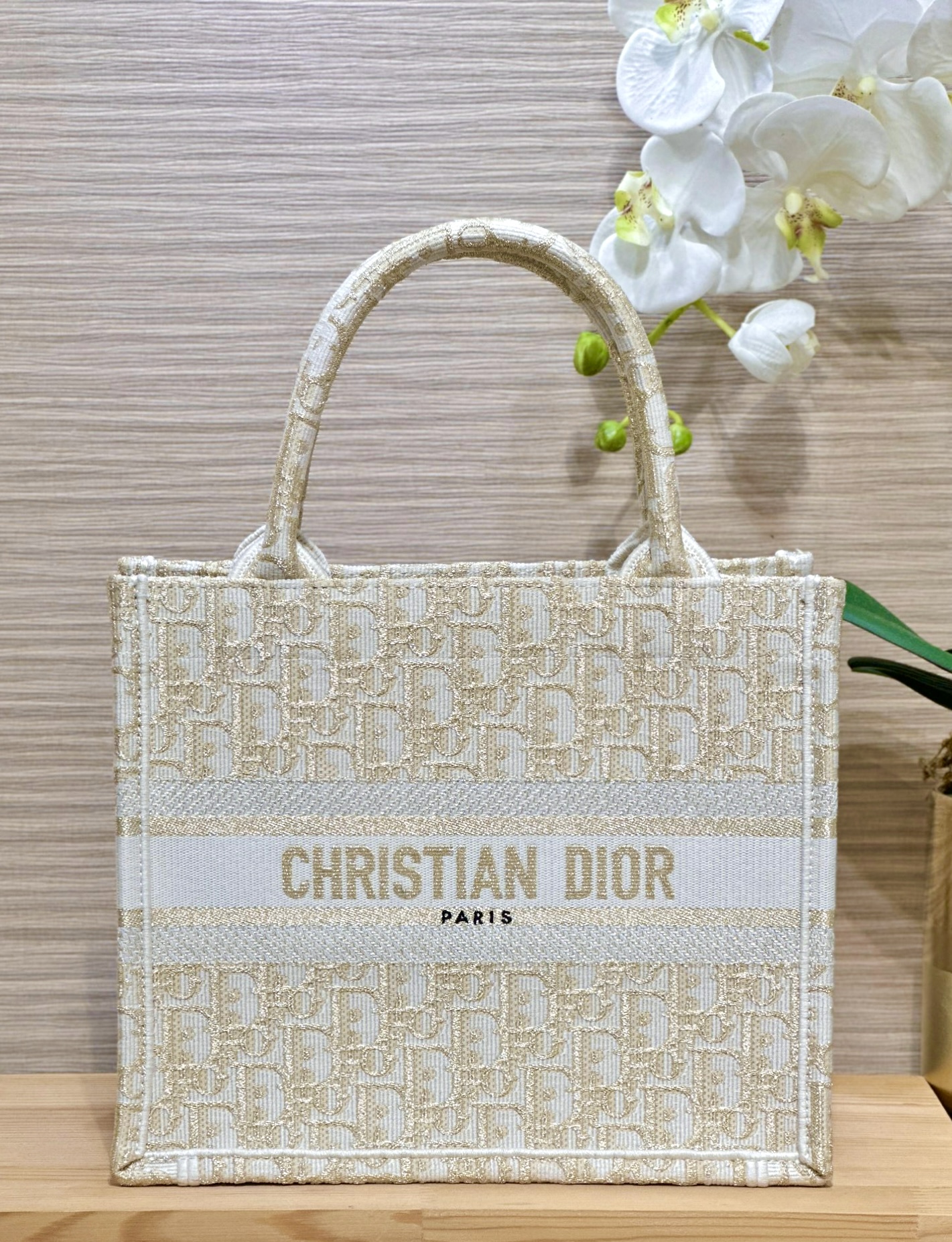 DIOR Small Dior Book Tote White and Gold-Tone Dior Oblique Embroidery