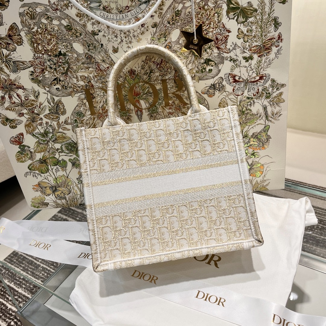 DIOR Small Dior Book Tote White and Gold-Tone Dior Oblique Embroidery