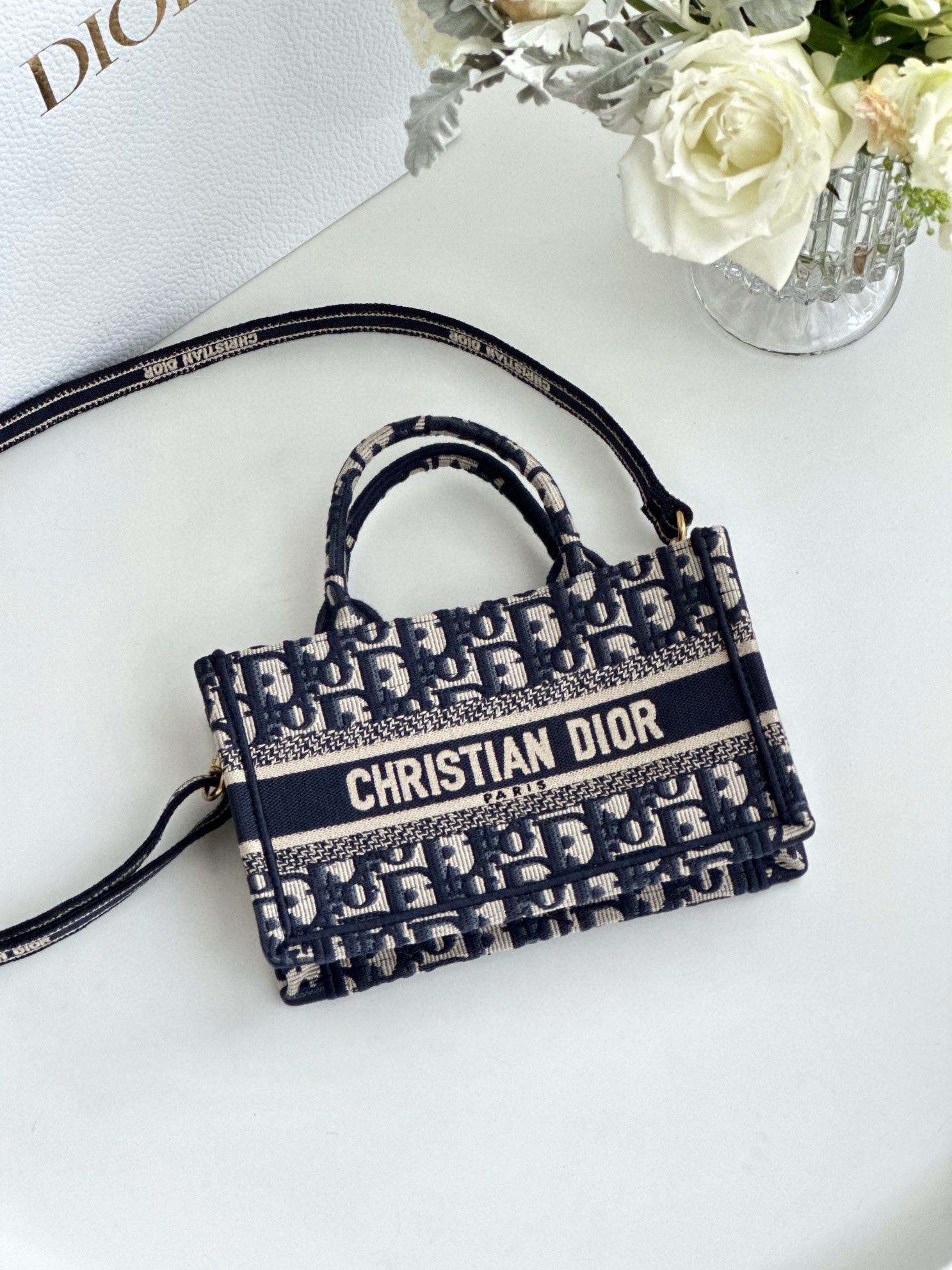 DIOR Mini Dior Book Tote Blue Dior Oblique Embroidery