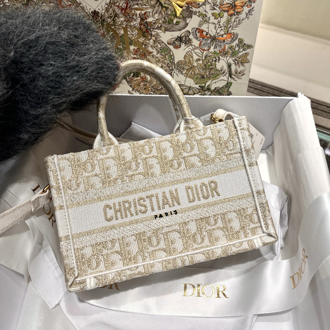 DIOR Mini Dior Book Tote White and Gold-Tone Dior Oblique Embroidery