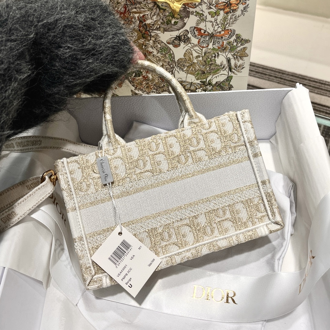 DIOR Mini Dior Book Tote White and Gold-Tone Dior Oblique Embroidery