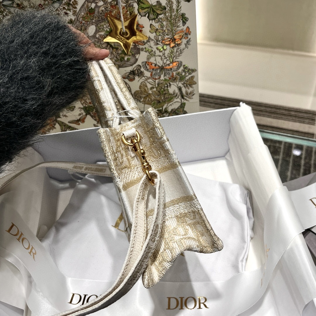 DIOR Mini Dior Book Tote White and Gold-Tone Dior Oblique Embroidery